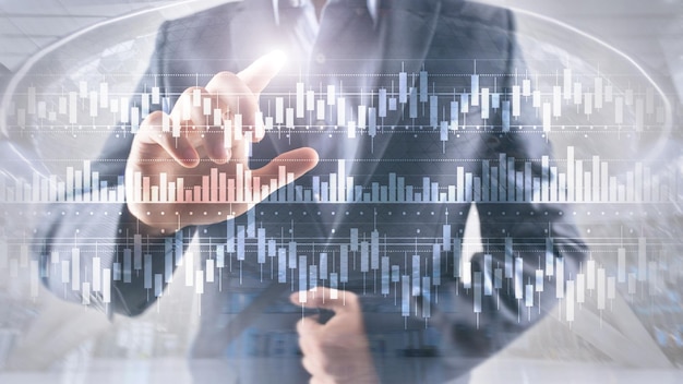 Candele grafico diagramma grafico stock trading investimento affari finanza concetto mixed media doppia esposizione schermo virtuale