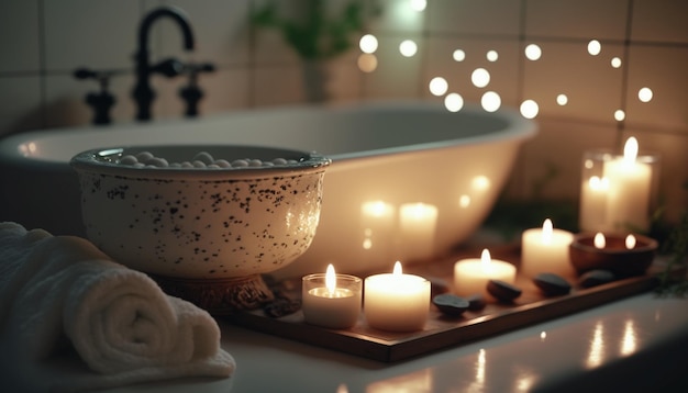 Candele in un bagno con vasca e candela in primo piano