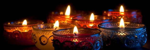 Candele in una stanza buia con la parola diwali sul fondo