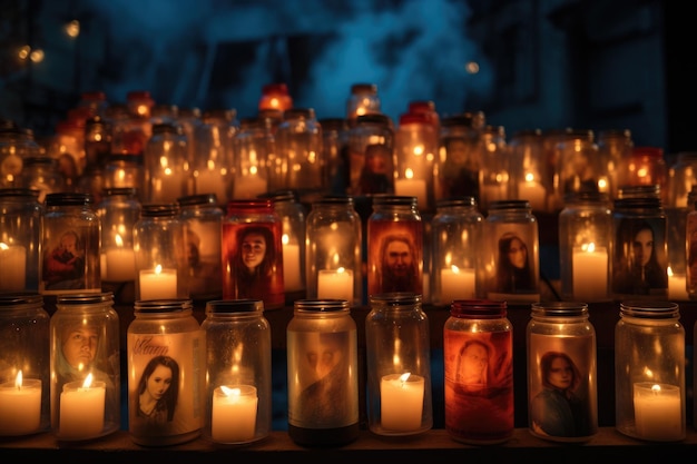 Candele nel cimitero di notte concetto di cristianesimo Gruppo di candele accese Memoria delle persone decedute Generato dall'intelligenza artificiale