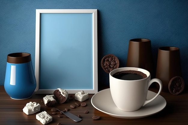 Candele poster mockup e tazza da caffè sul design interno della parete blu tavolo