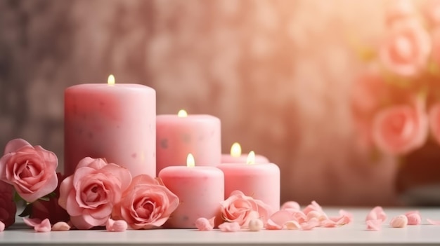 Candele rosa con fiori rosa e pietre zen su tavola di legno Trattamento termale di bellezza e concetto di relax