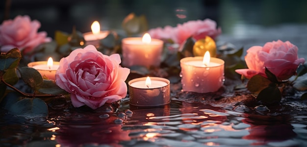 candele rosa sedute accanto a uno stagno