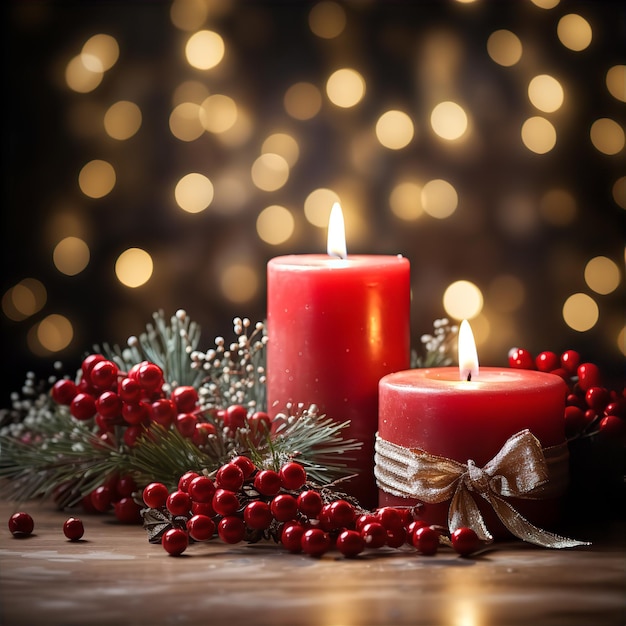 Candele rosse per le vacanze di Natale con nastri dorati, bacche di agrifoglio, neve di pino ed effetti di luce bokeh