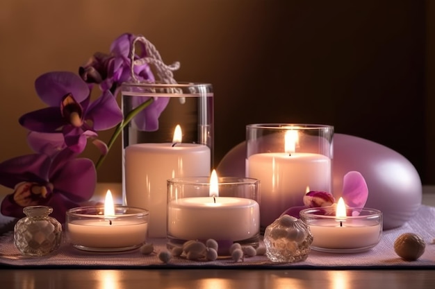 Candele su un tavolo con orchidee e orchidee