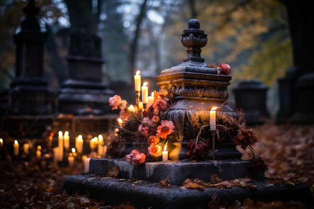 Candele su una tomba nel cimitero di Wola nella città di Varsavia