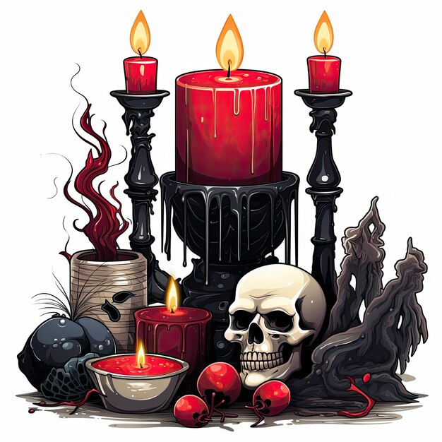 candele teschio fuoco illustrazione di Halloween spaventoso horror disegno tatuaggio vettore isolato adesivo fantasia