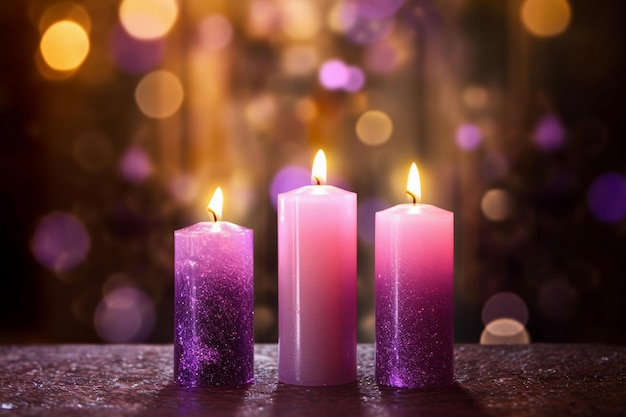 Candele viola in una chiesa in uno sfondo sfocato