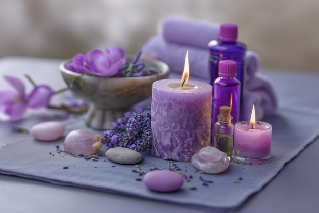 Candele viola oli essenziali e fiori di lavanda su un panno grigio