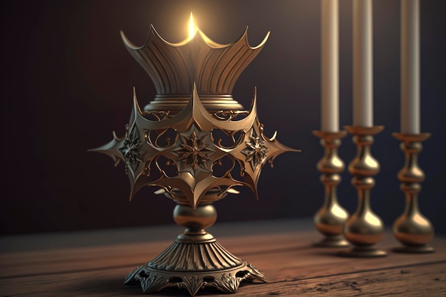 candeliere con candela sulla tavola di legno. immagine di tranquillità e riposo, meditazione, religione e spiritualità creata con la tecnologia Generative AI