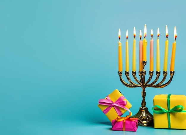 Candeliere ebraico Hanukkah Menorah a 9 rami scatole regalo dreidel Portacandele natalizio dreidl Candeliere Ninearm Candelabro tradizionale ebraico della festa delle luci Sfondo con spazio per la copia