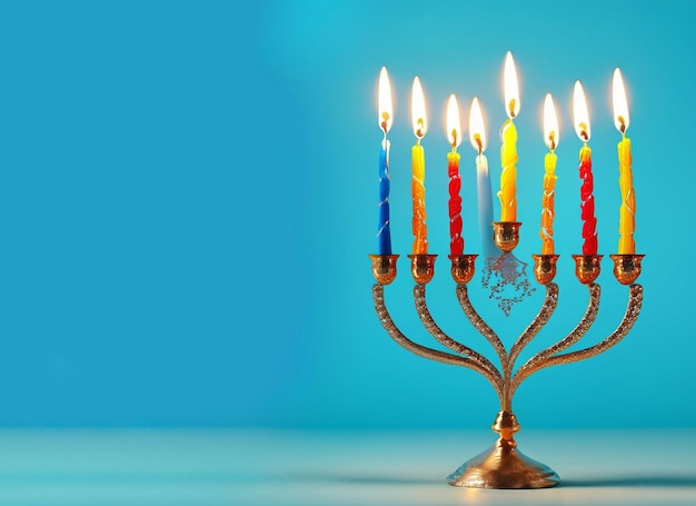 Candeliere ebraico Hanukkah Menorah a 9 rami scatole regalo dreidel Portacandele natalizio dreidl Candeliere Ninearm Candelabro tradizionale ebraico della festa delle luci Sfondo con spazio per la copia