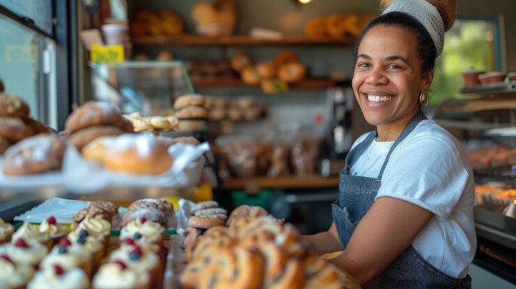 Candid photo of a neighborhood bakery owner with breads and his baked goods