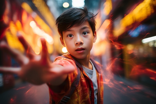 Candid Reach di un ragazzo asiatico Vibrant Dynamic Social Media Snapshot