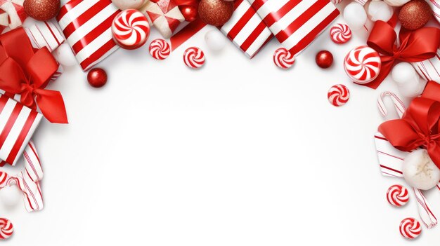 Candy Cane e Candy Frame Una cornice costruita interamente da canne di caramelle vibranti e caramelle assortite che creano un confine festivo e stravagante su sfondo trasparente bianco o PNG