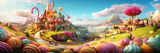 Candy World Candy Land Terra fantastica fatta di caramelle con lecca-lecca colorati AI