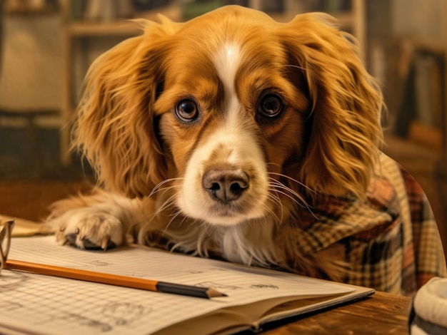 Cane adorabile seduto al tavolo e che fissa gli occhi con la telecamera