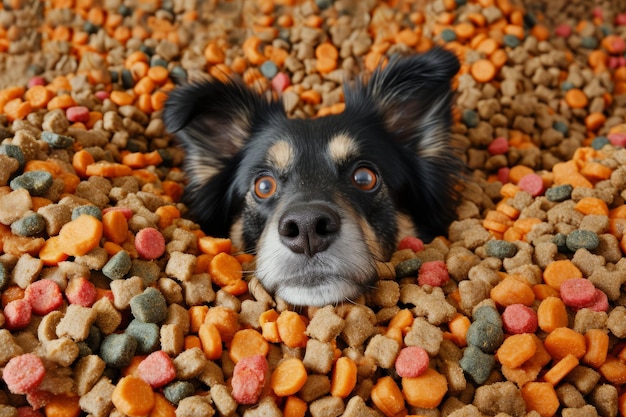 Cane affamato in un grande tumulo di cibo