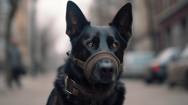 Cane aggressivo con la museruola per strada