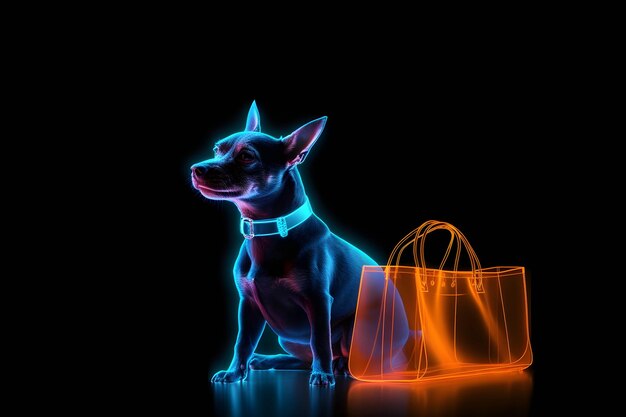 cane al neon e borsa della spesa su sfondo nero vendita venerdì nero cyber monday AI generato