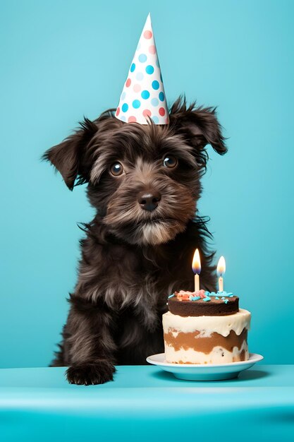 Cane al suo compleanno Cane con cappello di compleanno e torta su sfondo blu