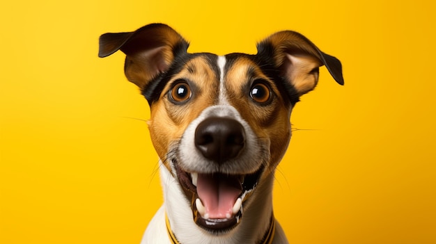 Cane allegro con gli occhiali su sfondo giallo Cane intelligente che sorride e guarda la telecamera AI