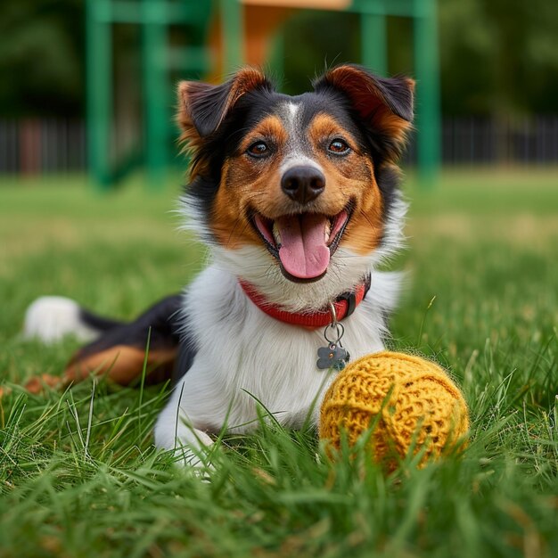 Cane allegro si diverte nell'erba verde giocoso con una palla da giocattolo per i social media