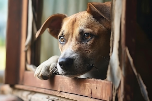 Cane angosciato che guarda attraverso la finestra