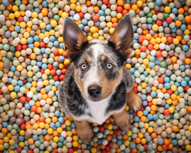 cane arafed seduto in una vasca di palline con tante palline ai generative