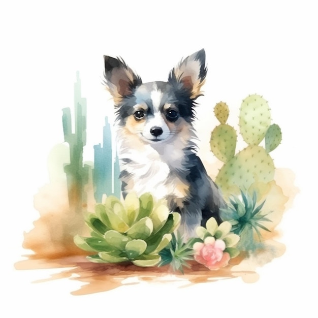 Cane Arafed seduto nell'erba con una pianta di cactus generativa ai