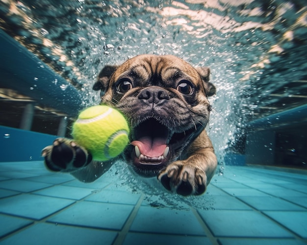 cane araffa che nuota in una piscina con una pallina da tennis in bocca ai generativa