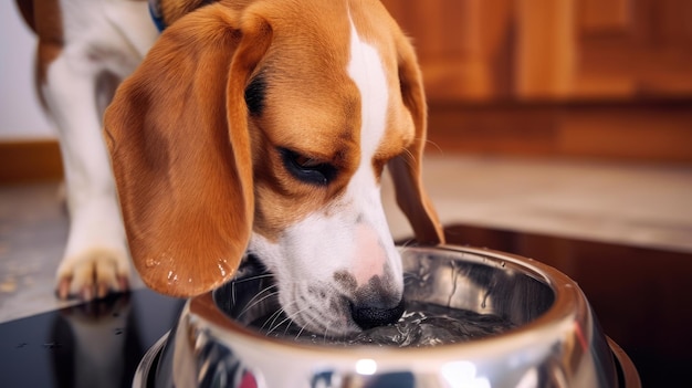 Cane assetato che beve acqua dalla ciotola della cucina