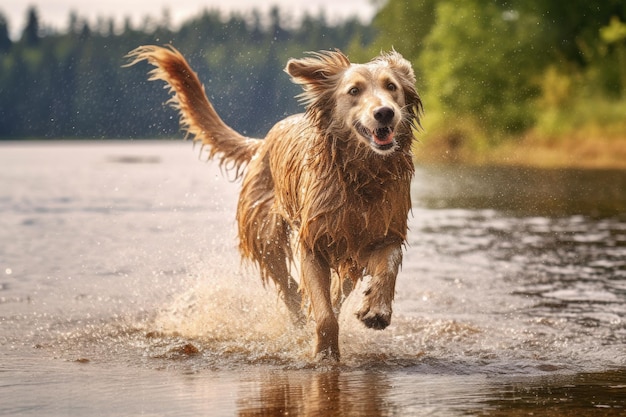 Cane bagnato che si scrolla di dosso l'acqua vicino a un lago o fiume creato con l'IA generativa