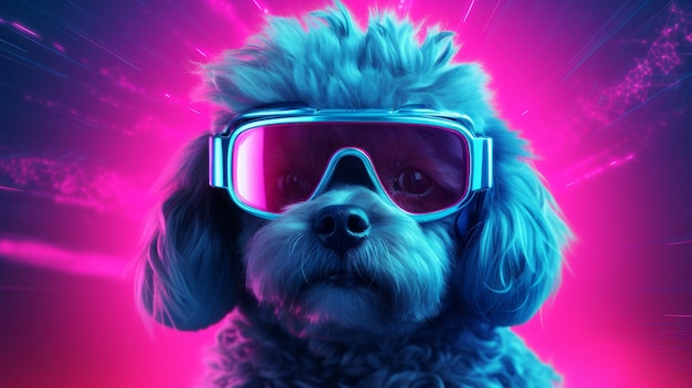 Cane barboncino maltese con occhiali VR illuminati con luce rosa su sfondo blu neon