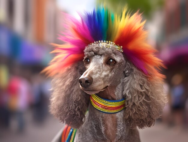 Cane barboncino nella parata dell'orgoglio Concetto di orgoglio LGBTQ generato dall'intelligenza artificiale