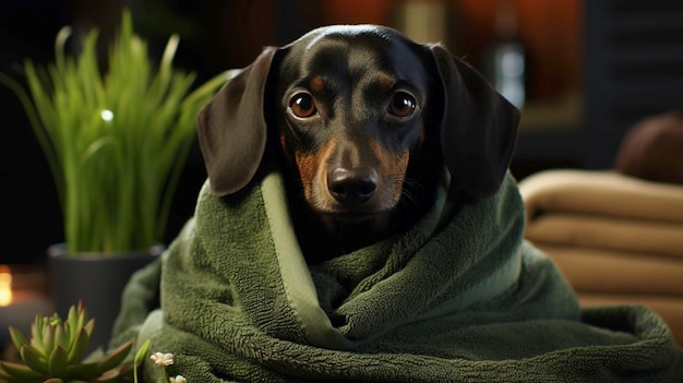 Cane bassotto nero focato rilassato dalle procedure termali sul viso con cetriolo coperto