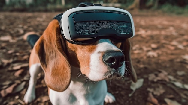 Cane BEAGLE AI generativo che utilizza un copricapo VR in un parco