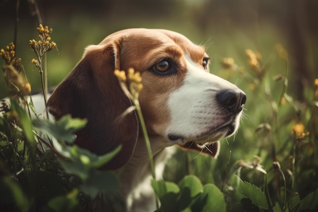 cane beagle che annusa l'erba