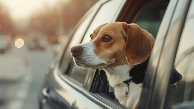 Cane Beagle che guarda fuori dal finestrino dell'auto Vista ravvicinata Tempo di vacanza