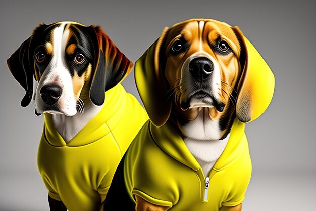 Cane Beagle che indossa un cappuccio giallo Ritratto di animale domestico in abbigliamento Moda da cane