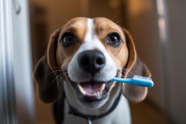 Cane Beagle che ottiene lo spazzolino da denti e l'igiene orale Generative AI