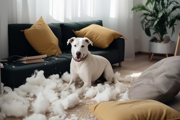 cane bianco che fa un casino a casa distruggendo il divano