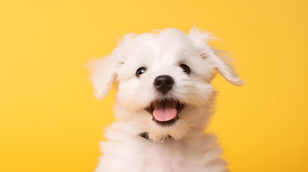 cane bianco che sorride sullo sfondo giallo