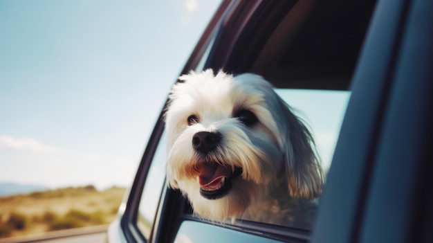 Cane bianco che sporge la testa dal finestrino dell'auto con la testa fuori dal finestrino IA generativa