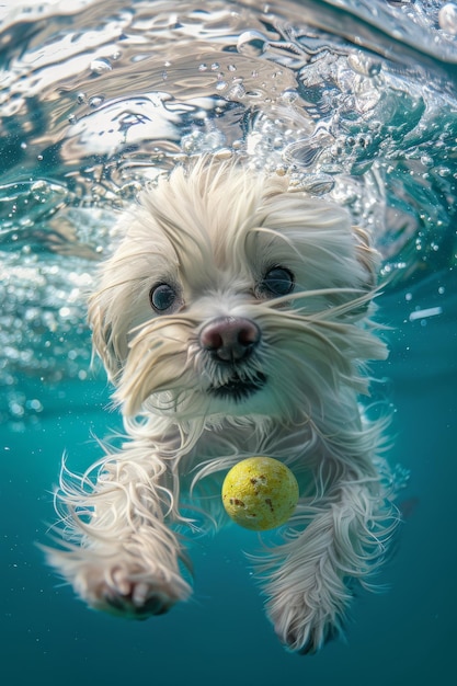 Cane bianco con la palla che gioca sott'acqua