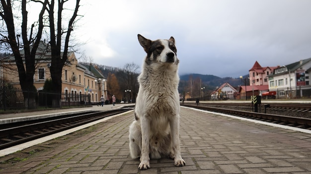 Cane bianco con macchie nere. cane giocoso e affamato su una stazione ferroviaria di periferia tra i binari della ferrovia e un parapetto della stazione, un cane randagio segue il treno.