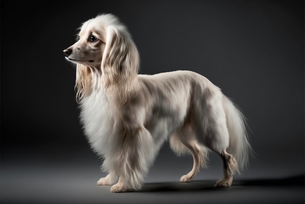 Cane bianco in piedi davanti a uno sfondo nero