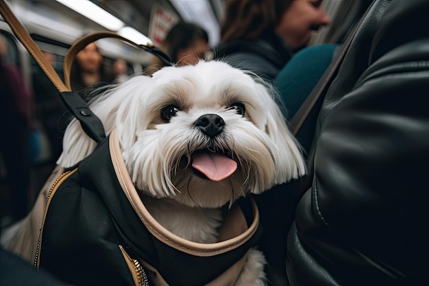 Cane bianco in una borsa sul treno Generative Ai