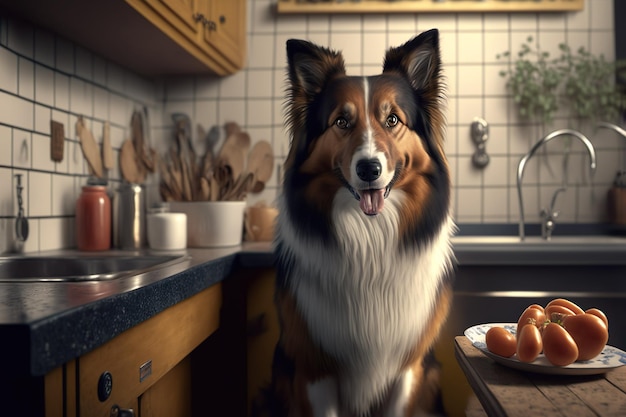 Cane border collie affamato seduto sul tavolo in cucina moderna al Vita animale per la cura degli animali IA generativa