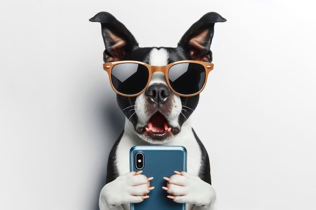 Cane Boston Terrier scioccato con gli occhiali da sole che tiene in mano uno smartphone su sfondo bianco